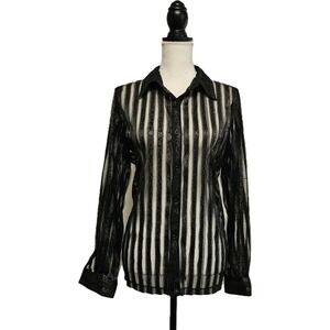 Black Sheer Animal Print Stripe Button Front Top Sz 10 Whimsigoth Witchy‎ Grunge
